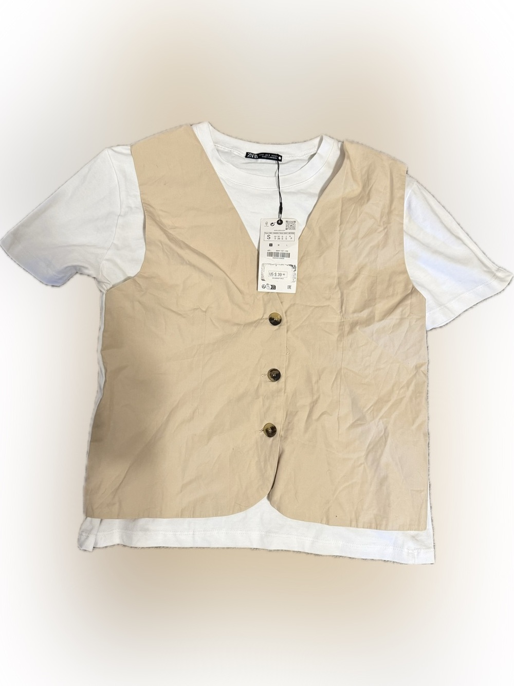 Zara Faux Vest Tshirt - Beige Button Front Vest Layered Over White Tee